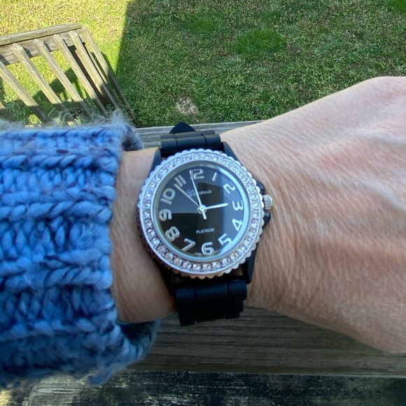 Geneva Platinum women’s watch black rubber band with crystal accents - Picture 9 of 13